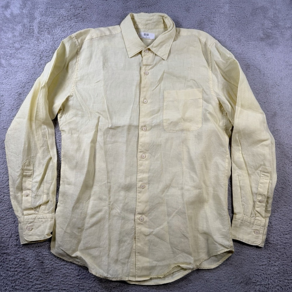 Uniqlo Shirt Mens Medium Yellow 100% Linen Long Sleeve Button Up Pocket Casual